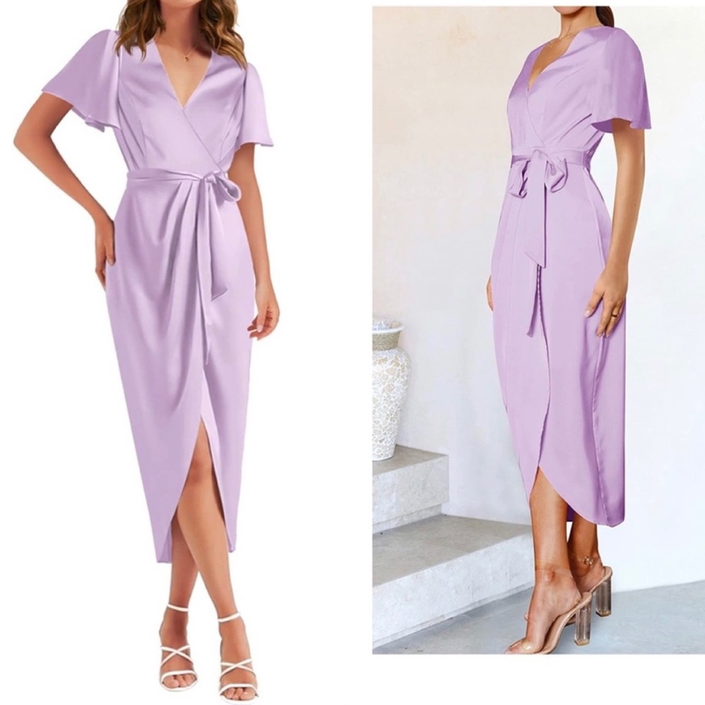 NEW Zesica Bodycon Dress Satin V Neck Ruched Belted Wrap Split Midi Dresses